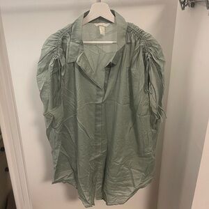 Elegant Sage Green Blouse with Ruched Sleeves